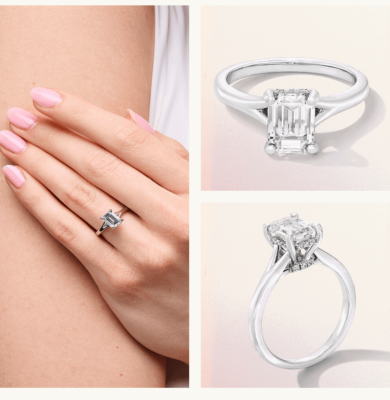 White metal ring with emerald-cut diamond centred, shown on model & close-up of ring.