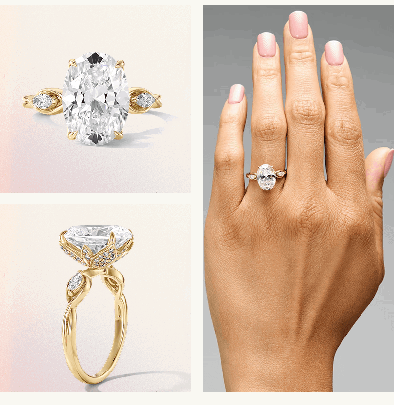 Floral-inspired oval-cut diamond ring set on gold band  with intricate diamond details, shown on model & product shot.