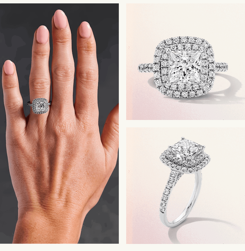 White gold double-halo ring with square center stone & micro-pavé diamonds, shown on model & product shot.