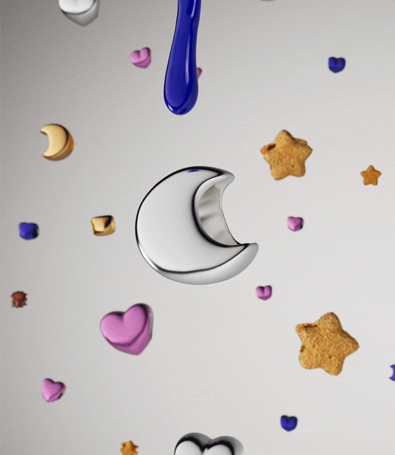 GIF showing blue color dripping onto silver moon mini