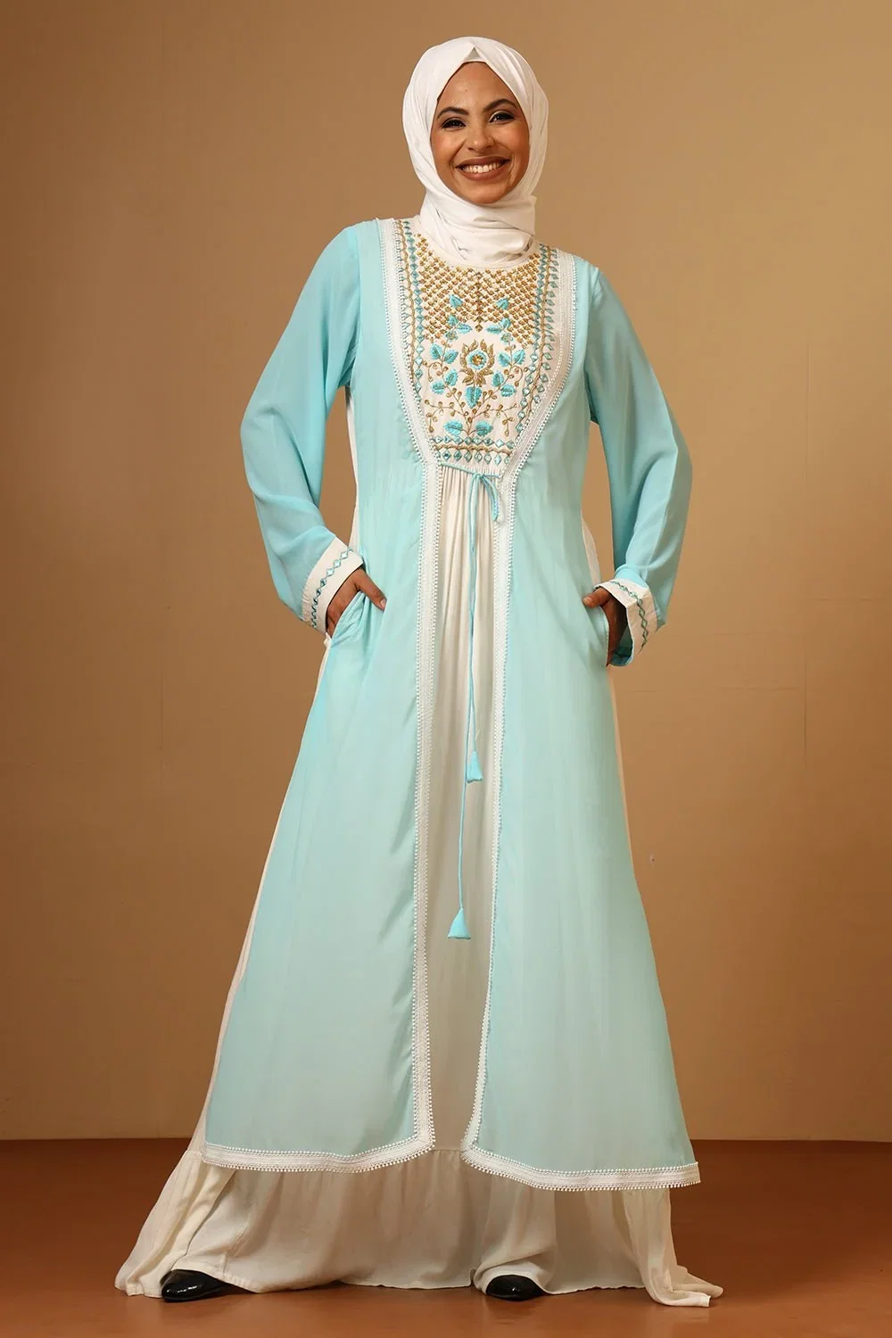 Gold zari embroidered georgette abaya with inner lining