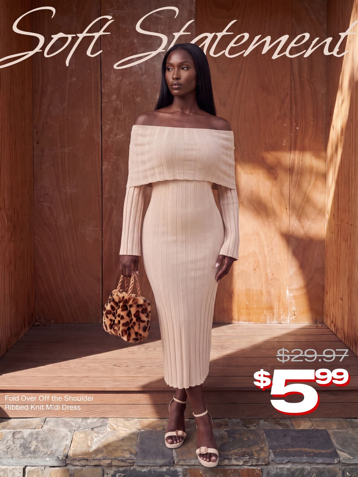 Soft Statement - Shop Fold Over Off the Shoulder Ribbed Knit Midi Dress