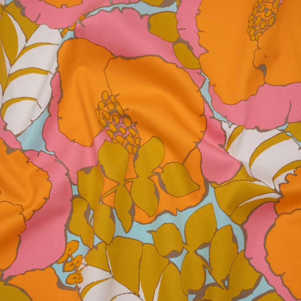 Image of Stretch Cotton Broken Twill Print by Trina Turk - Pink, Orange and Sky Blue Floral - Designer Deadstock