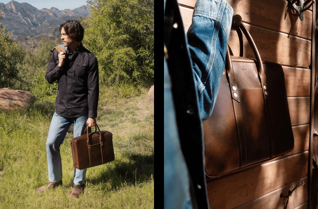 Man in a black shirt and jeans carrying a brown leather briefcase in a grassy mountain landscape, paired with a close-up of the bag hanging on a wooden wall hook.