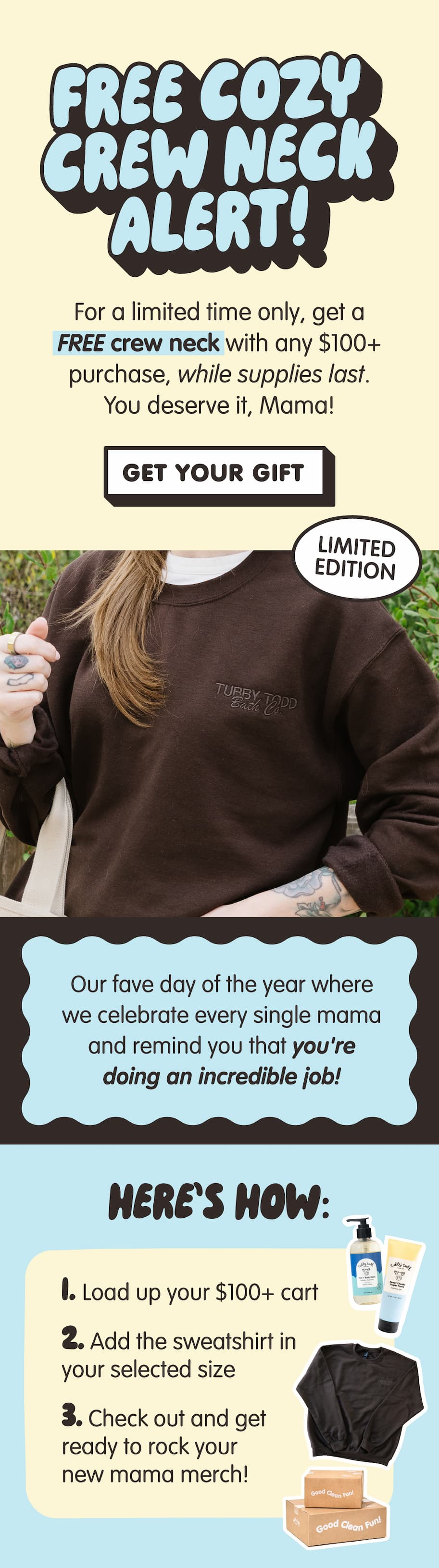 Free crew neck with any $100+ purchase!