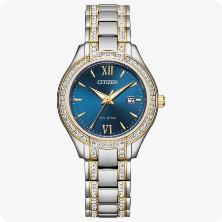 Citizen Ladies' Silhouette Crystal Gold Tokne Stainless Steel Blue Dial With Date Bracelet 30mm Watch FE1234-50L
