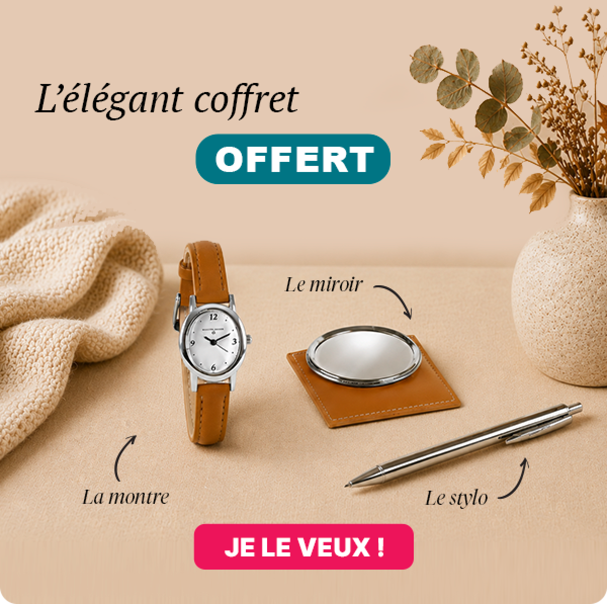 Et pour vous souhaiter la bienvenue, nous vous offrons cet élégant coffret, composé d'une montre, d'un miroir et d'un stylo !