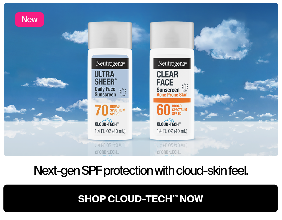 Front of packaging for Neutrogena® Cloud Tech™ Ultra Sheer® Daily Face Sunscreen and Clear Face Sunscreen with a sky background