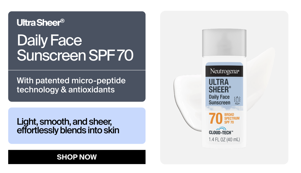 Neutrogena® Cloud Tech™ Ultra Sheer® Daily Face Sunscreen SPF 70 Front of Pack and Texture Swatch