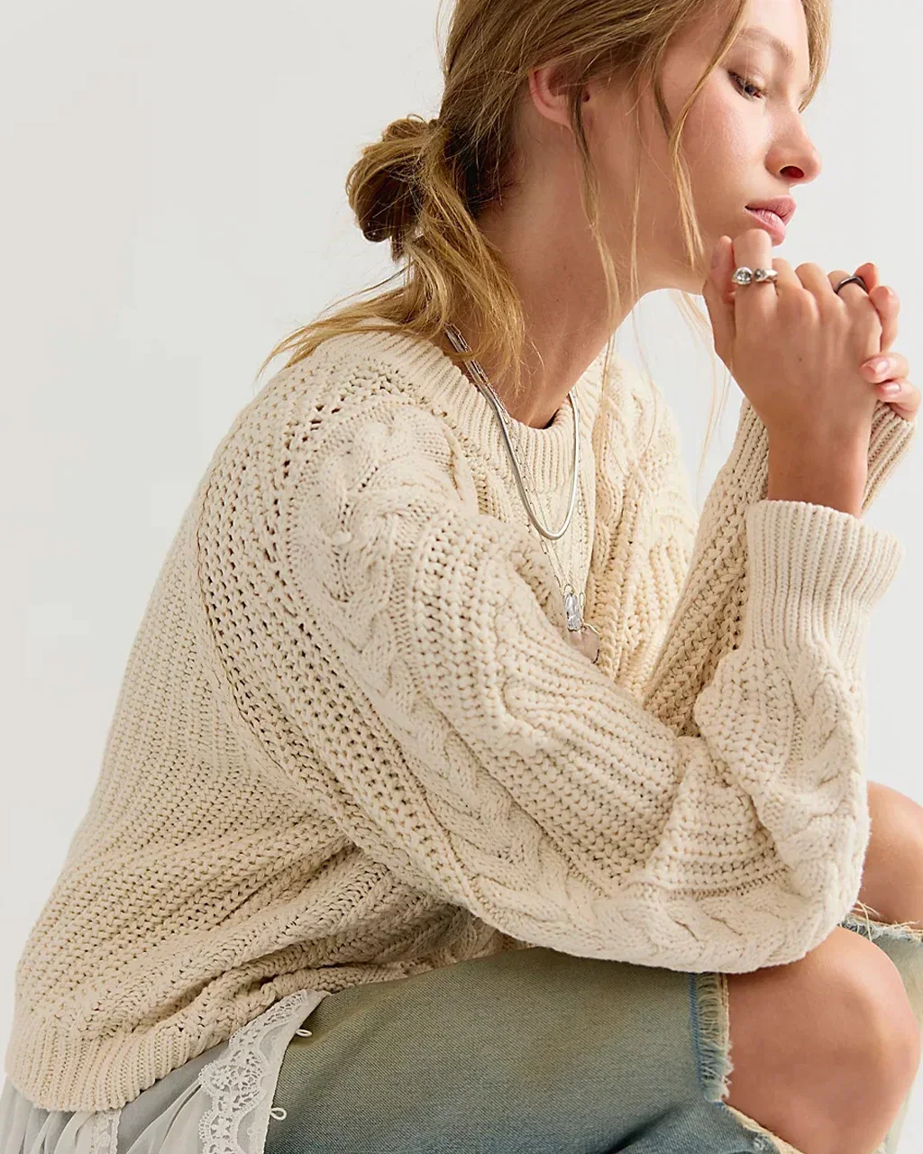 Image of Frankie Cable Knit Cotton Sweater - Ivory