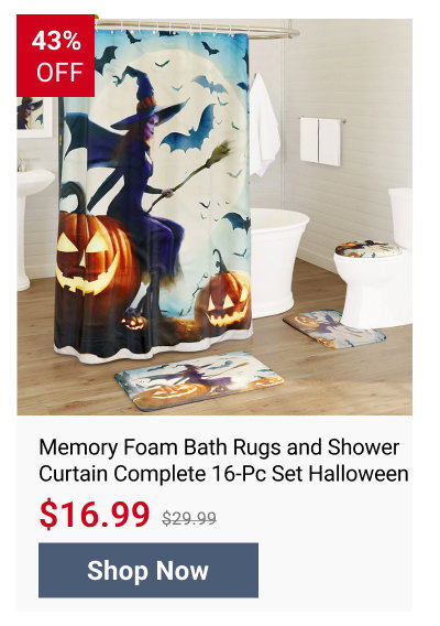 Memory Foam Bath Rugs and Shower Curtain Complete 16-Pc Set Halloween