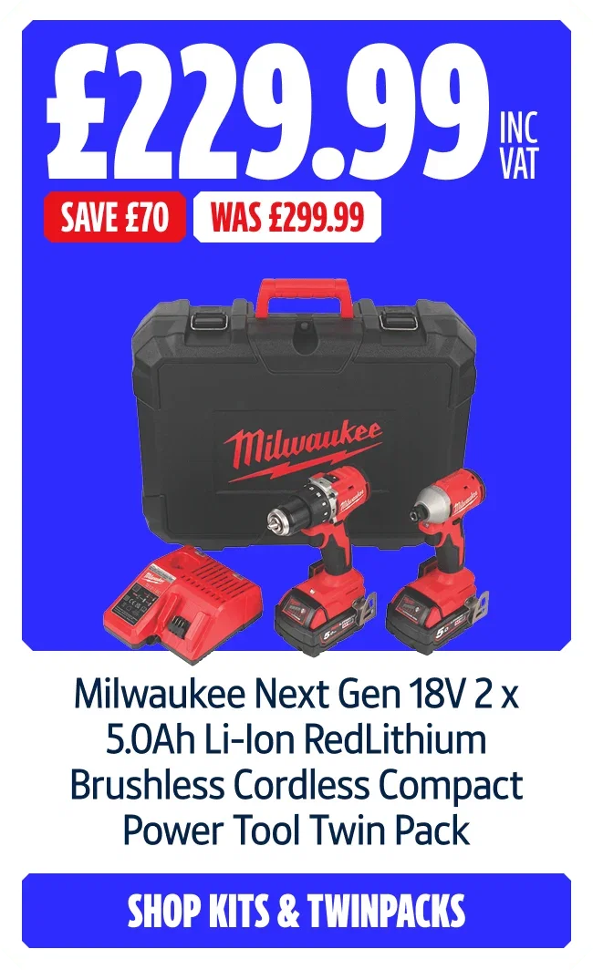 Save £70 on Milwaukee Next Gen 18V 2 x 5.0Ah Li-Ion RedLithium Brushless Cordless Compact Power Tool Twin Pack. Now £229.99 inc VAT Was £299.99. Shop Kits and Twinpacks.