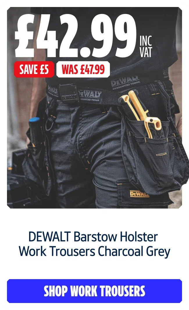 Save £5 on DEWALT Barstow Holster Work Trousers Charcoal Grey. Now £42.99 inc VAT Was £47.99. Shop Work Trousers.
