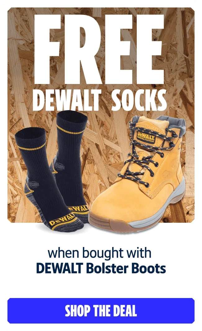 Free DEWALT Socks when bought with DEWALT Bolster Boots. Shop The Deal.