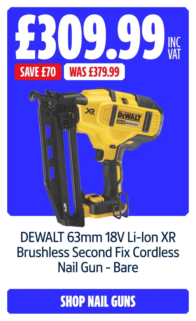 Save £70 on DEWALT 63mm 18V Li-Ion XR Brushless Second Fix Cordless Nail Gun - Bare. Now £339.99 inc VAT Was £379.99. Shop Nail Guns.