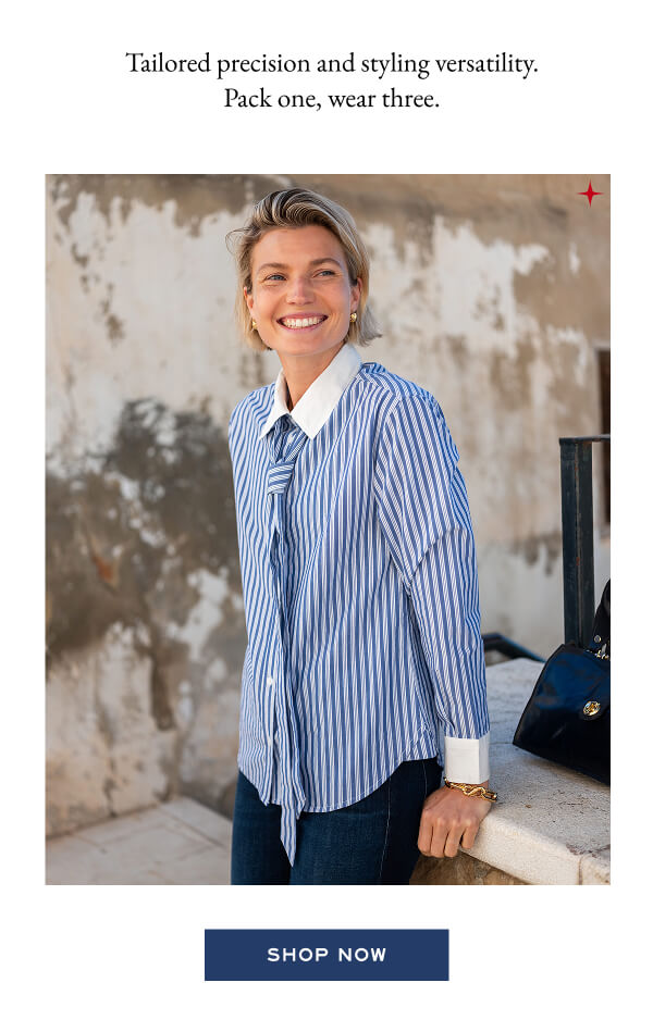 tailored precision and styling versatility. pack one, wear three - shop now - girl wearing striped button up shirt with tie and smiling