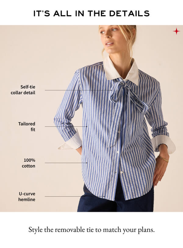 it's all in the details - style the removable tie to match your plans - girl wearing button up shirt with tie and features pointed out
