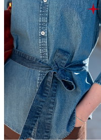 close up of chambray button up with belt