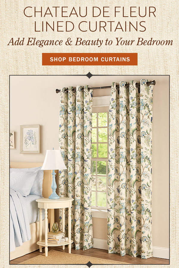 Chateau de Fleur Lined Curtains. Add Elegance & Beauty to Your Bedroom. Shop Bedroom Curtains. Chateau de Fleur Grommet Top Panel
