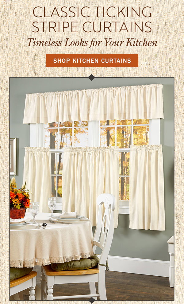 Classic Ticking Stripe Curtains. Timeless Looks for Your Kitchen. Shop Kitchen Curtains. Ticking Stripe Rod Pocket Tiers by Country Curtains®, Ticking Stripe Rod Pocket Tailored Valance by Country Curtains®