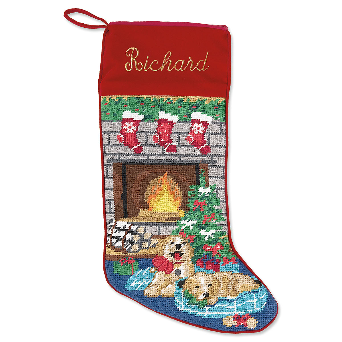 Image of Puppies Heirloom Needlepoint Personalized Christmas Stocking