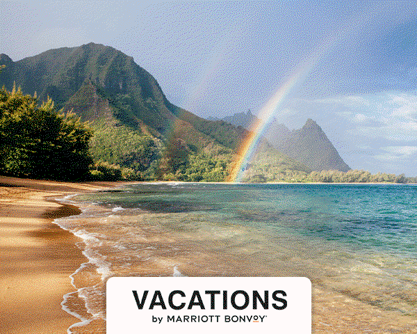 Hawaii beach vacation, links to Vacations by Marriott Bonvoy website.