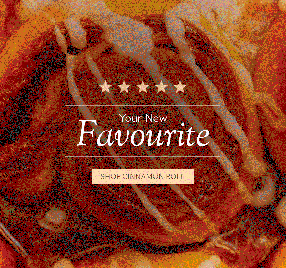 GIF with different cinnamon roll reviews and a shop cinnamon roll CTA on image of cinnamon roll 