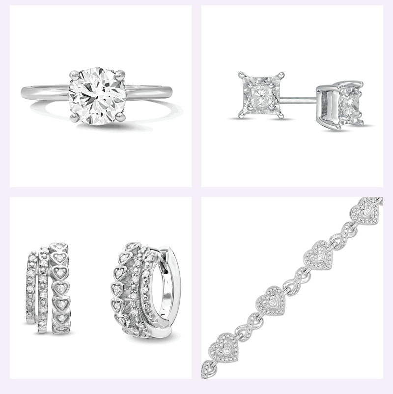 Variety of silver-set jewelry with diamonds, including ring, studs, heart huggies & heart bracelets.