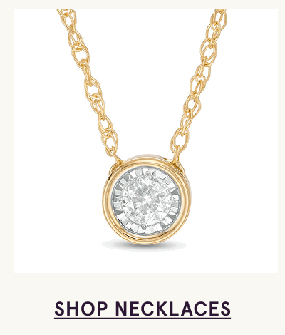 A gold chain necklace featuring a round, bezel-set diamond solitaire pendant. Click here to shop necklaces