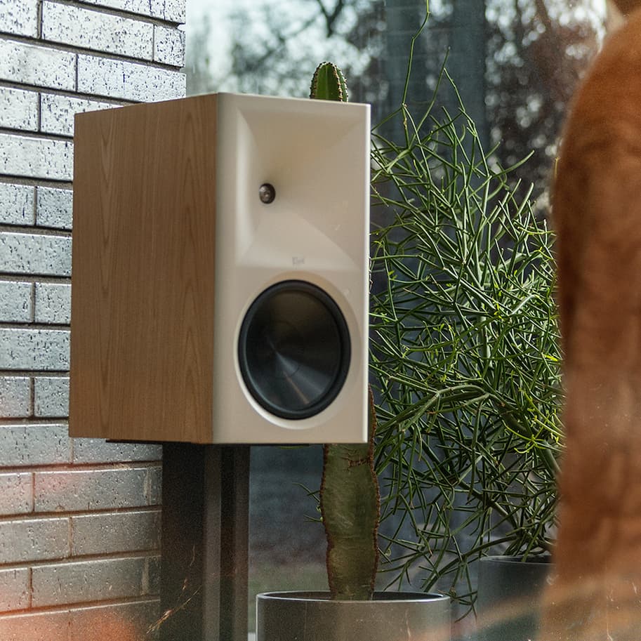 Klipsch The Nines II in Red Oak in living room beside cactus