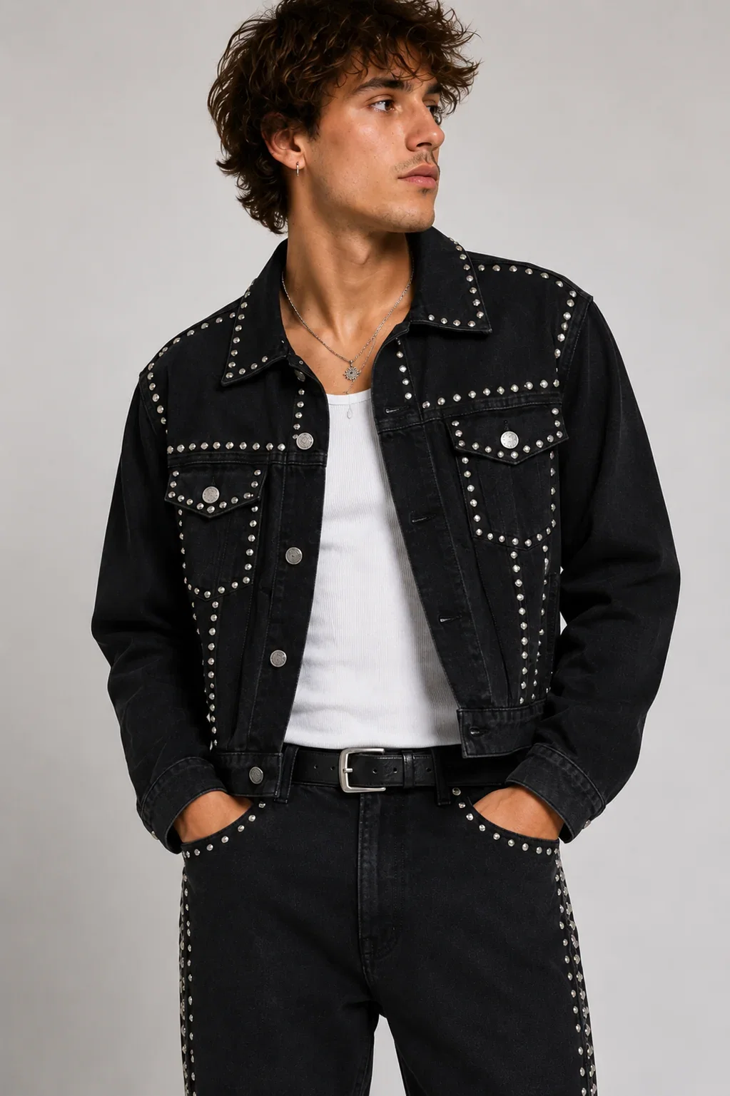 Image of Studded Denim Trucker Jacket