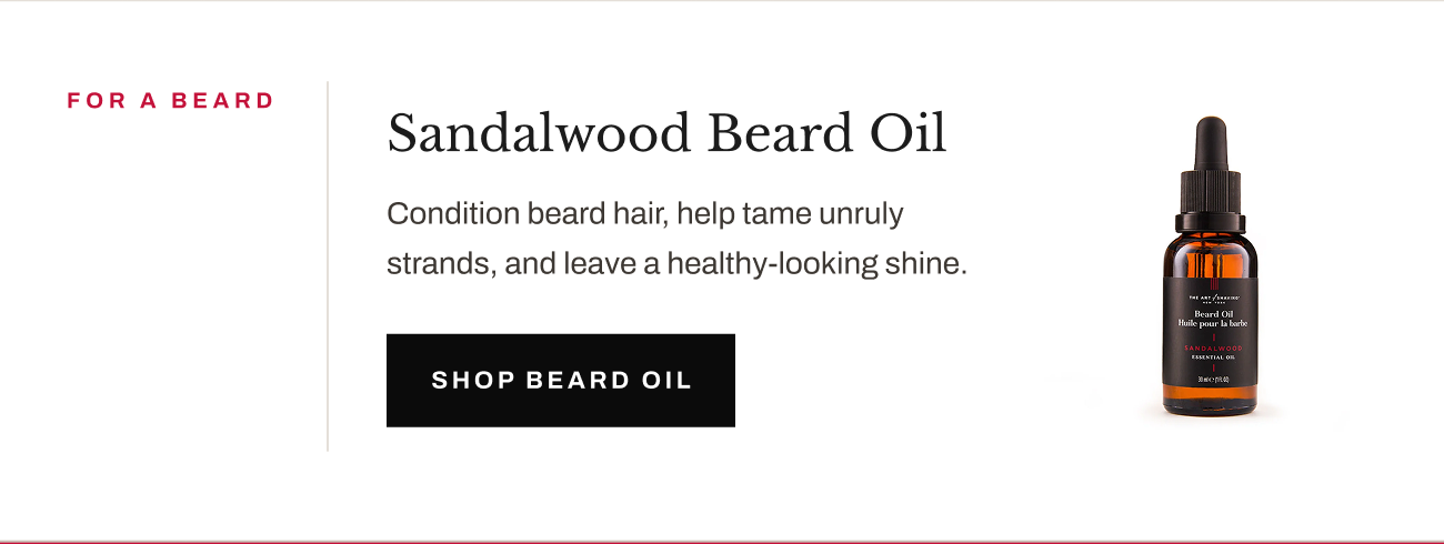 Product image of Sandalwood Beard Oil with “Shop Beard Oil” button.
