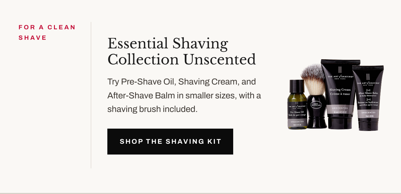 Product image of Essential Shaving Collection Unscented with “Shop the Shaving Kit” button.