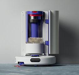 Dyson R1 Nurovi Dry robot vacuum cleaner self-emptying in its dock.