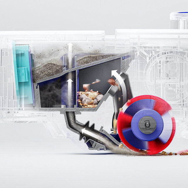 Cutaway shows the Twin-capture system inside the Dyson R1 Nurovi robot vacuum cleaner.
