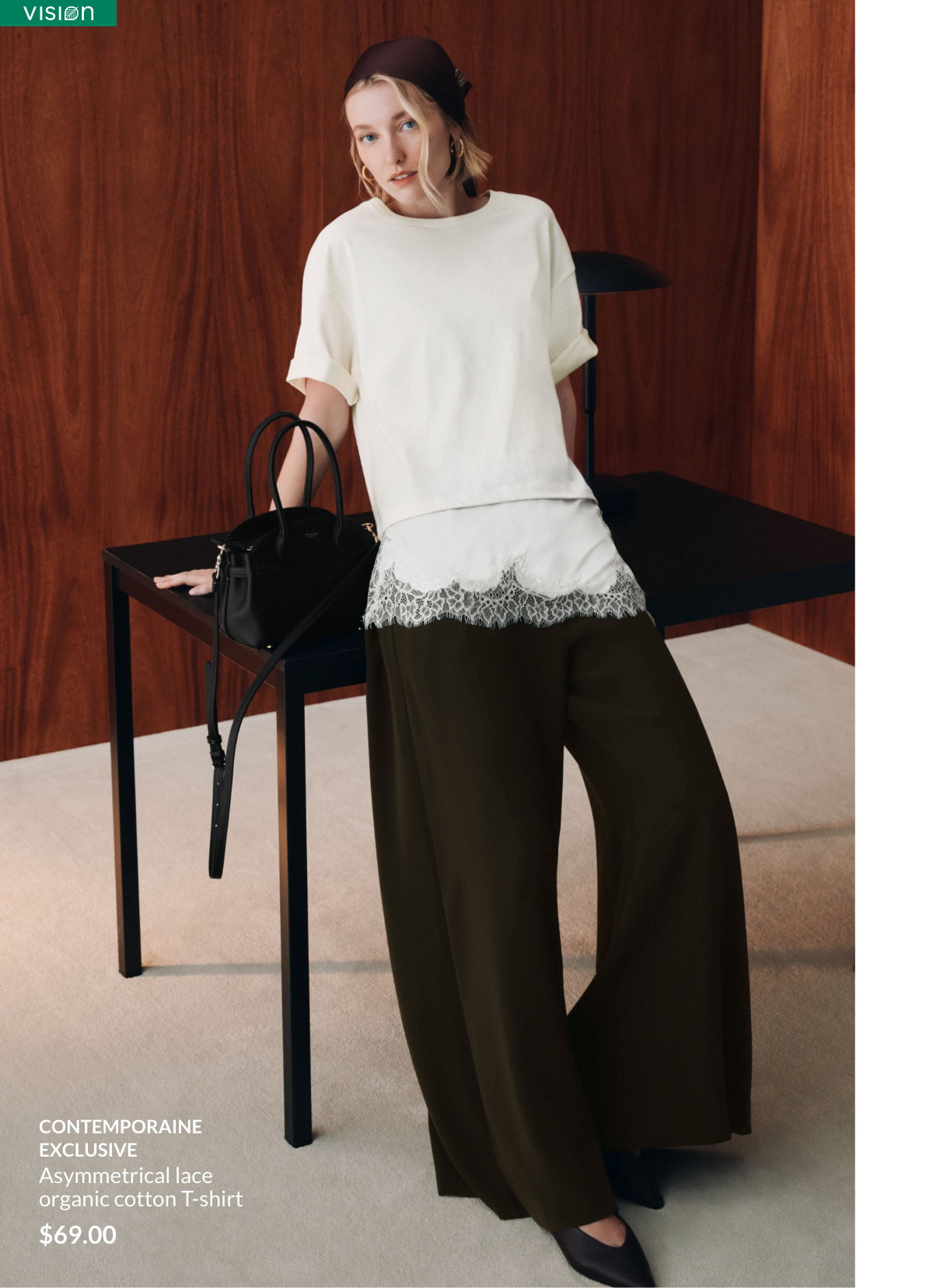 Woman wearing an Asymmetrical lace organic cotton T-shirt at 69 $