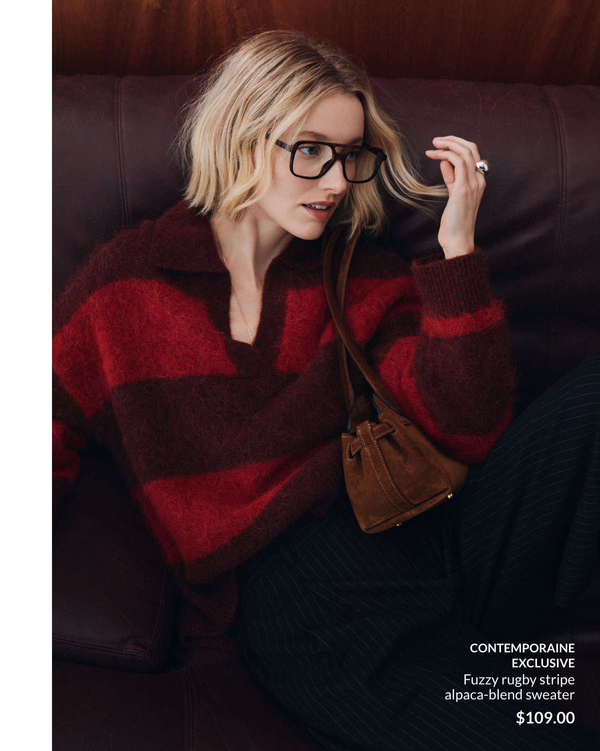 Woman wearing a Fuzzy rugby stripe alpaca-blend sweater at 109 $