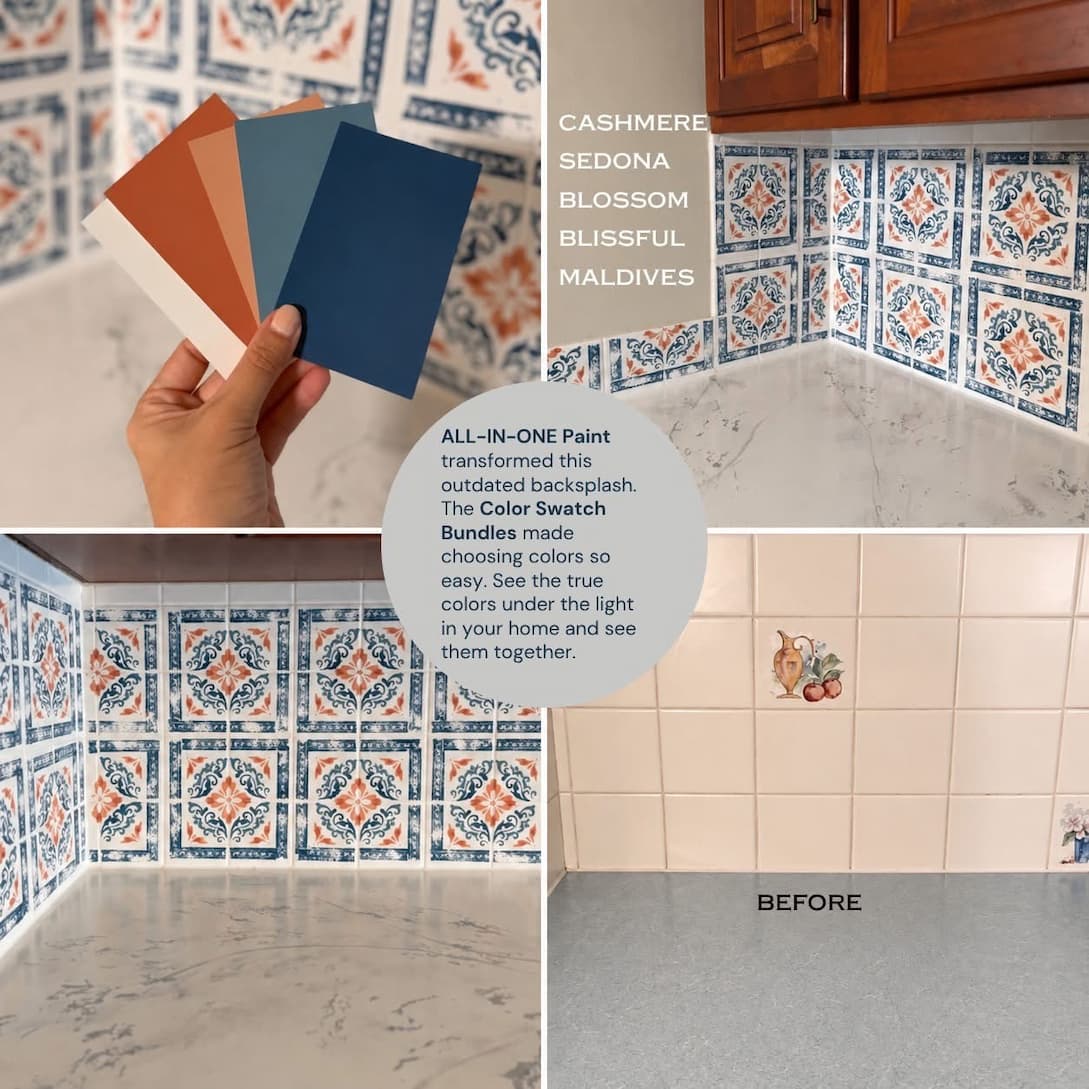 Painted backsplash transformation featuring Cashmere, Sedona, Blossom, Blissful, and Maldives All-In-One Paint colors.