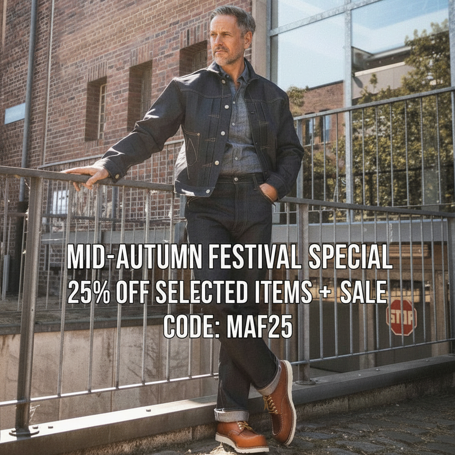 Man in denim outfit advertises a Mid-Autumn Festival sale with a 25% discount code.