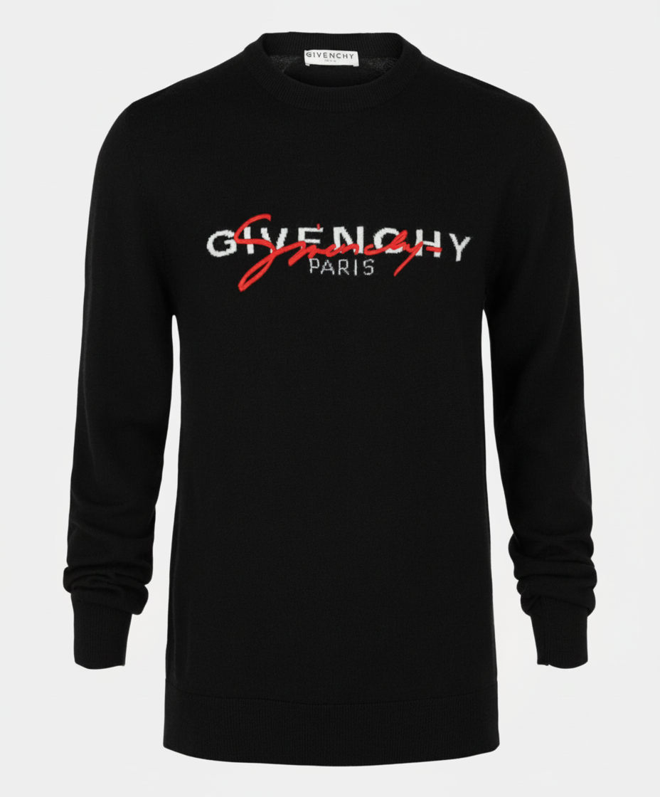 Black Givenchy sweater with red and white embroidered logo.