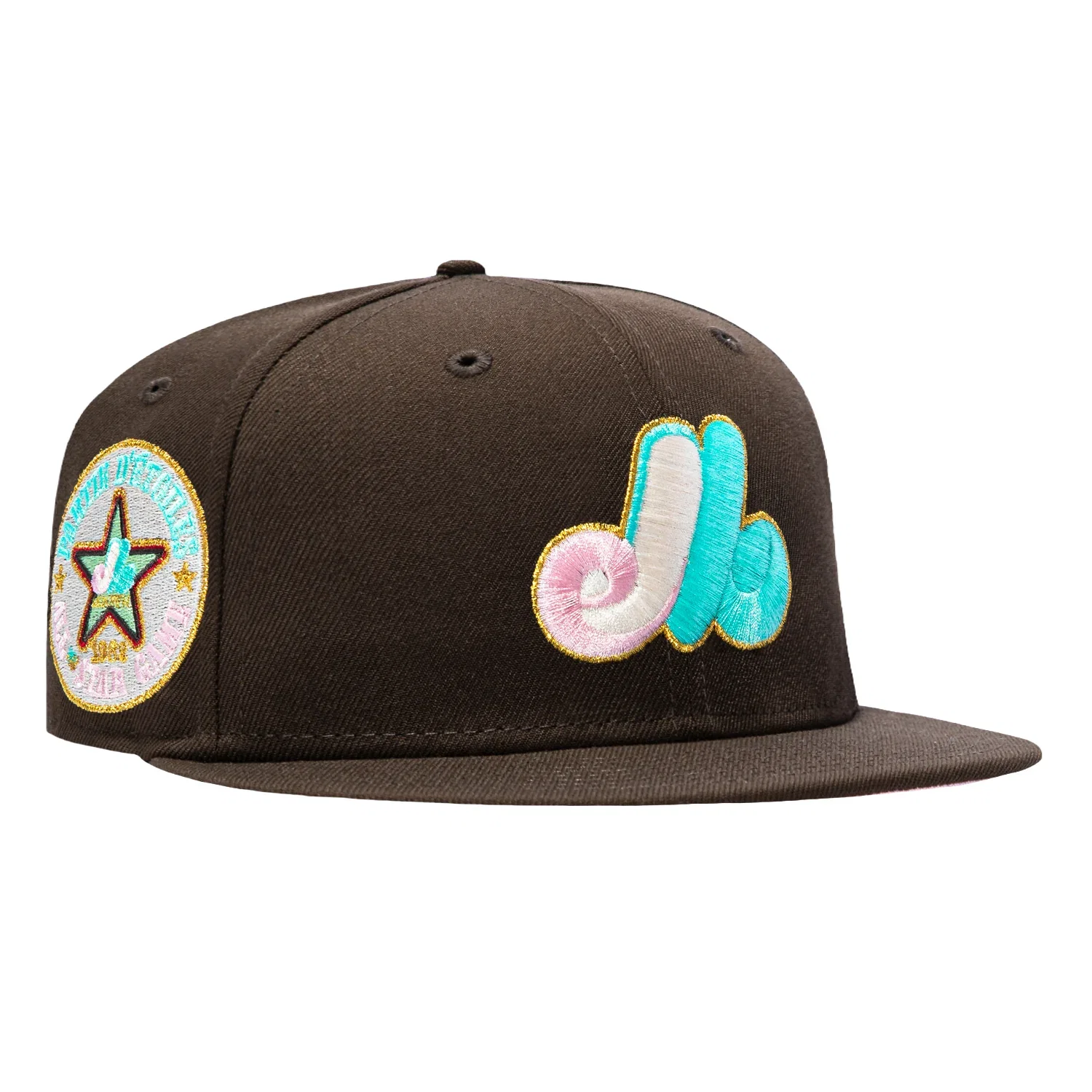 Image of New Era 59Fifty Spumoni Montreal Expos 1982 All Star Game Patch Pink UV Hat - Brown