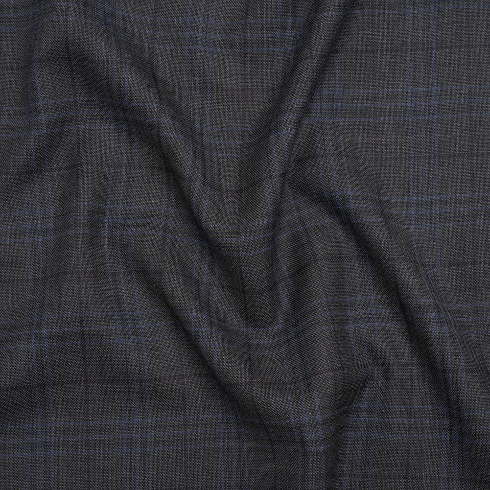 Image of Wool and Silk Suiting - Gray and Blue Plaid - Deadstock