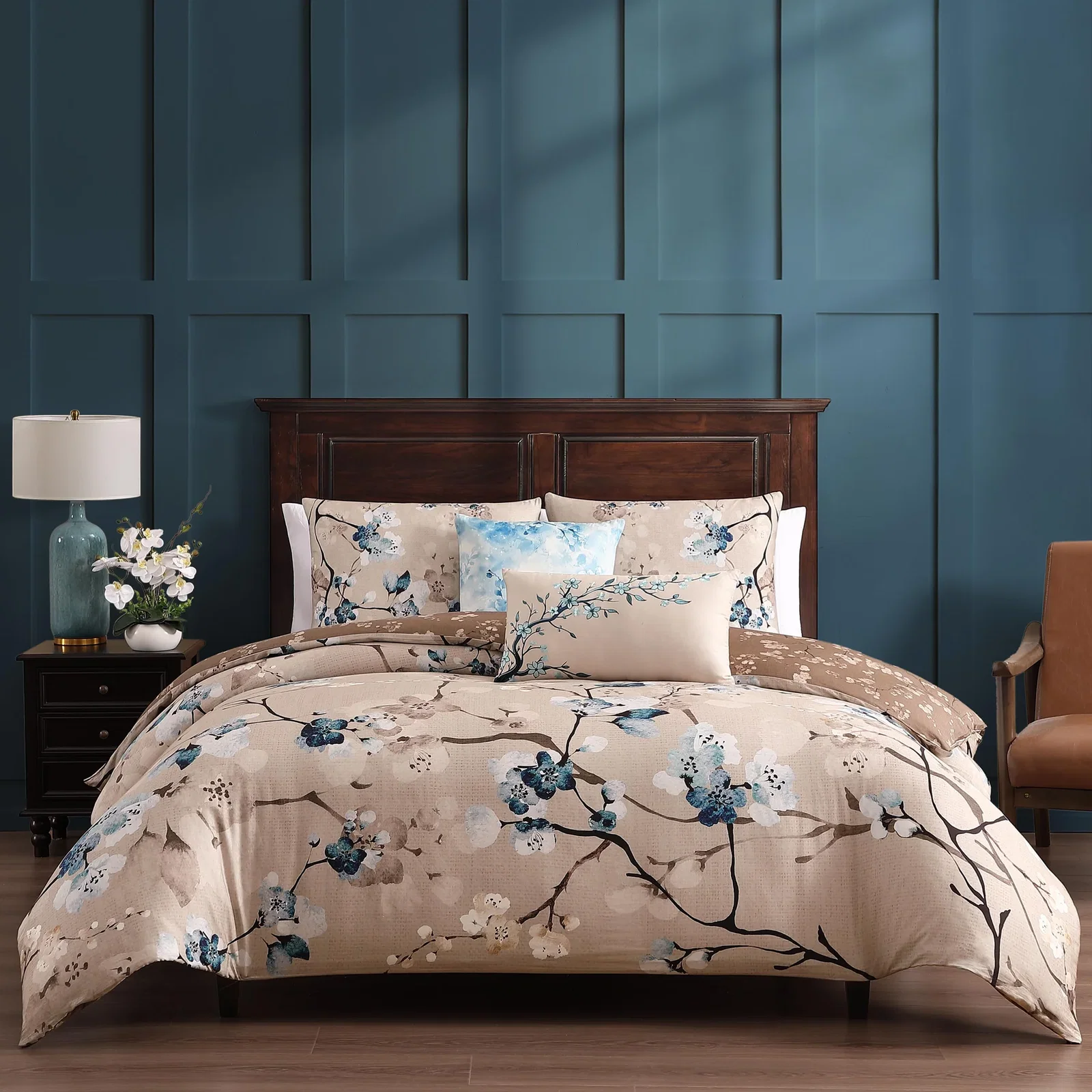 Blue Blossom 5 Piece Reversible Comforter Set