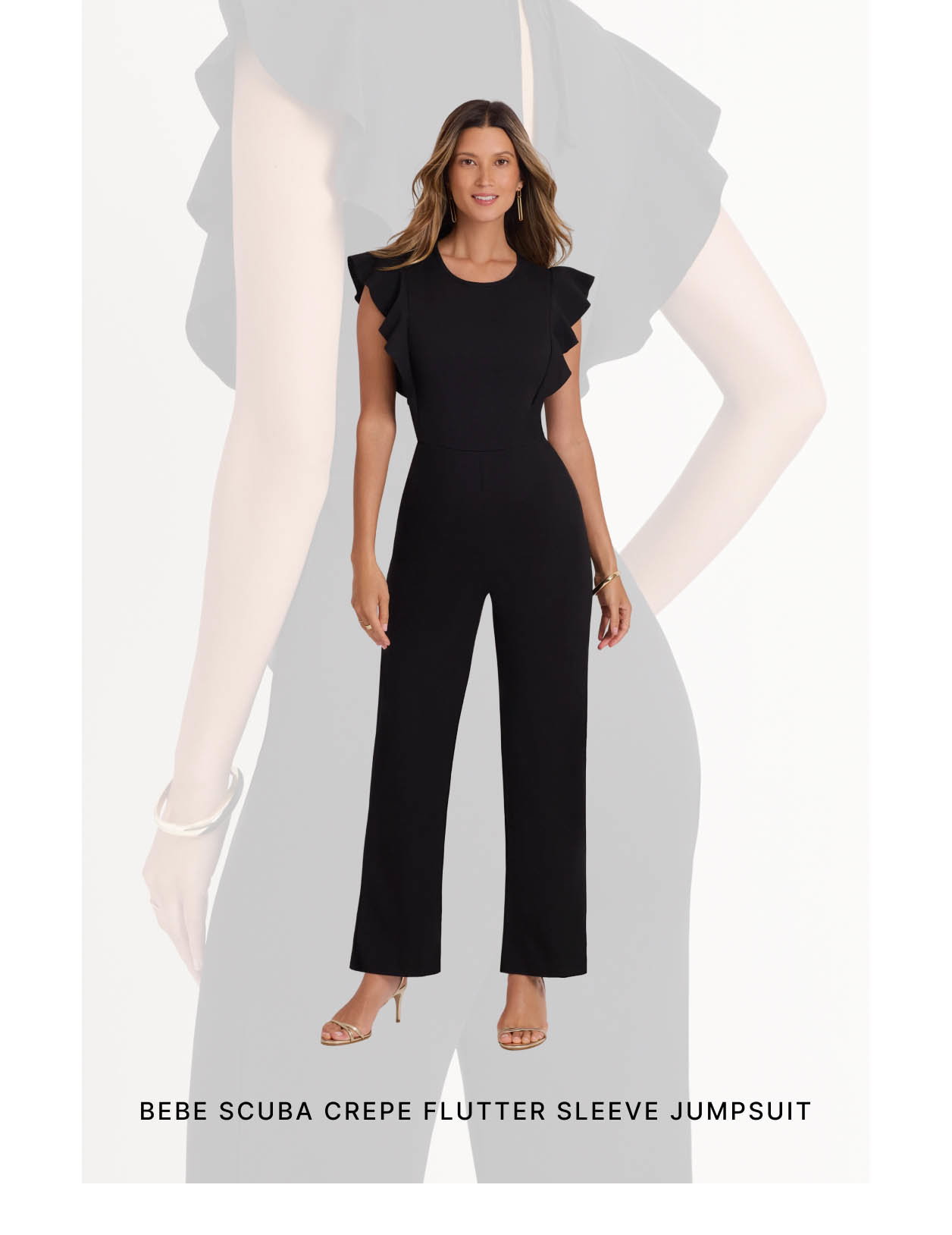 Bebe Scuba Crepe Flutter Sleeve Jumpsuit