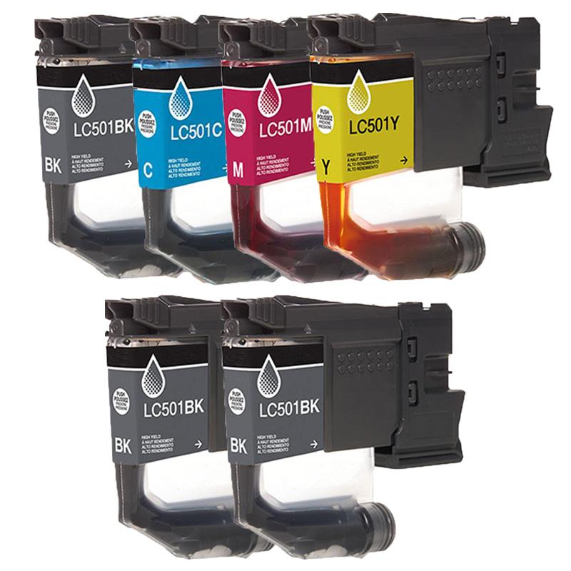 Image of Compatible Multipack Brother LC501BK/C/M/Y Full Set + 2 EXTRA Black Standard Yield Ink Cartridges