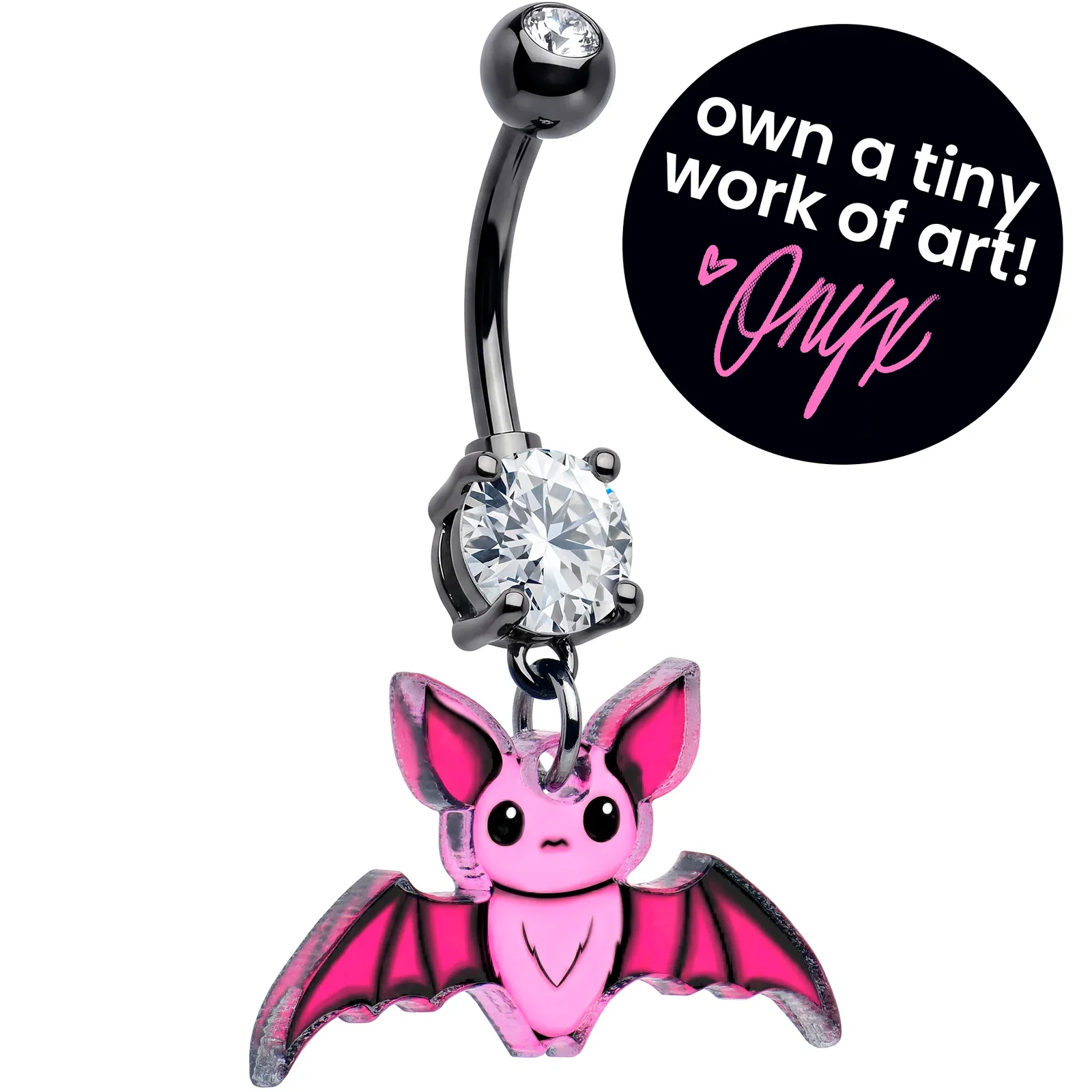 Image of Black Gem Pretty Pink Bat Acrylic Dangle Belly Ring by Onyx O