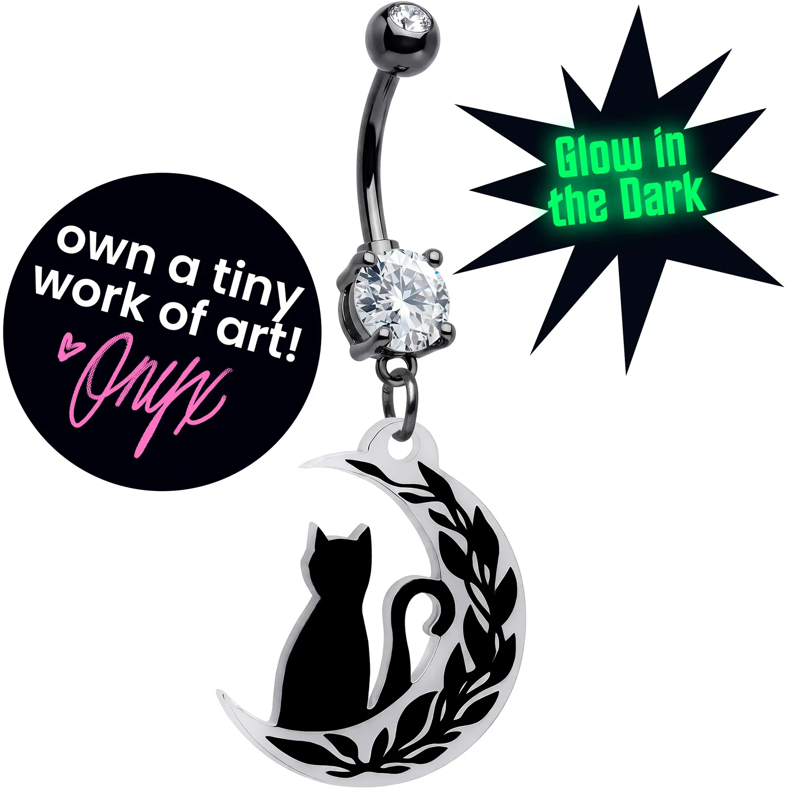 Image of Midnight Kitty Glow in the Dark Cat Moon Dangle Belly Ring by Onyx O