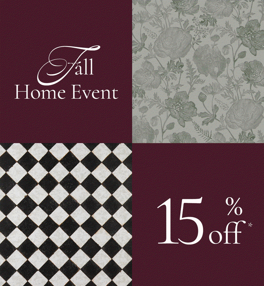 Gif image with 4 boxes alternating Tempaper wallapaper patterns and text "Fall Home Event 15% off*"