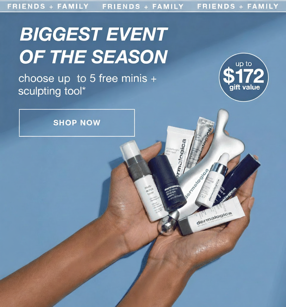 Hands hold Dermalogica minis and a sculpting tool, promoting a "Biggest Event of the Season" sale.