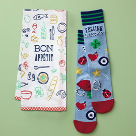 Bon Appetit tea towel and lucky socks.